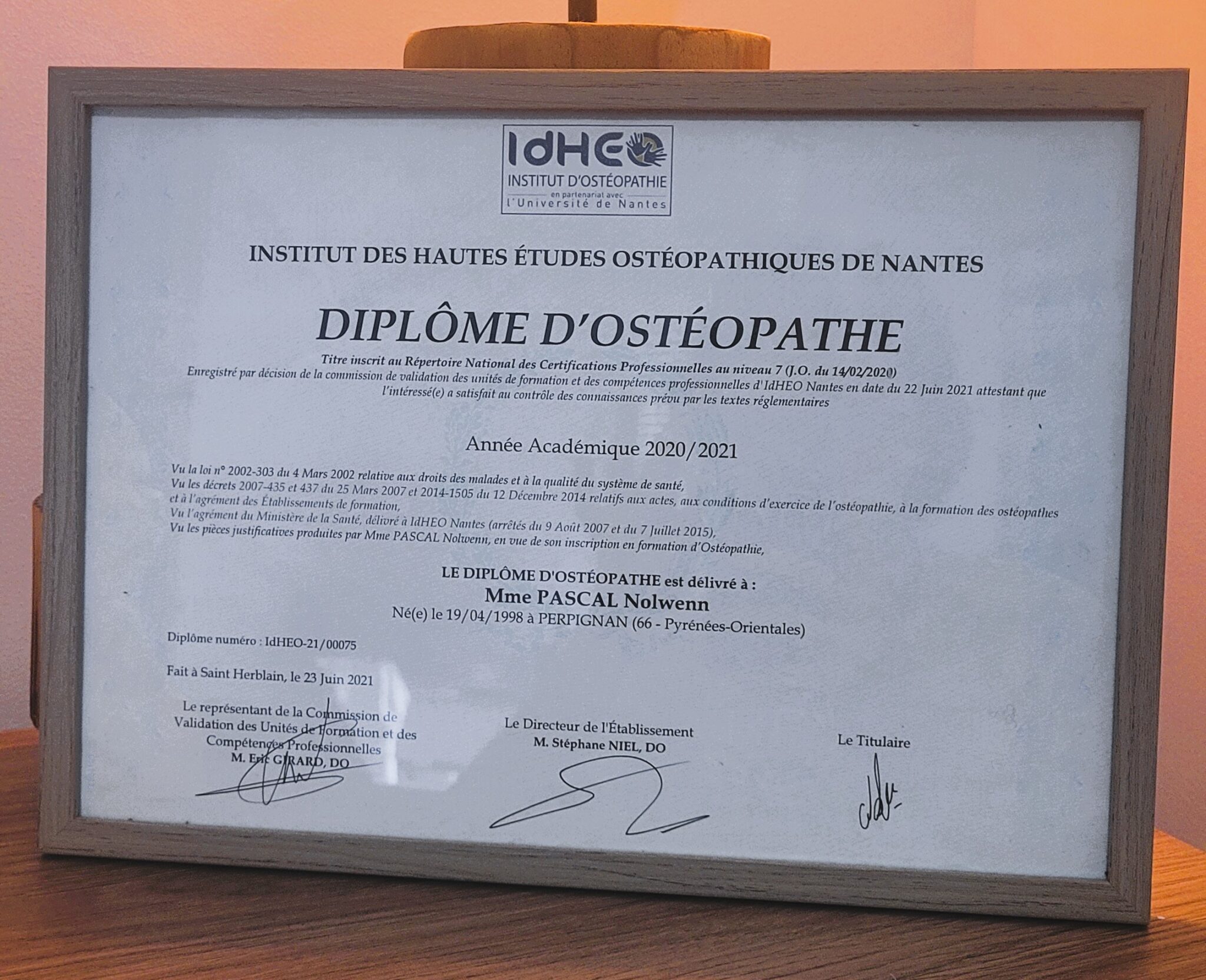 Diplôme d'ostéopathe D.O. de Nolwenn Pascal, IdHEO Nantes